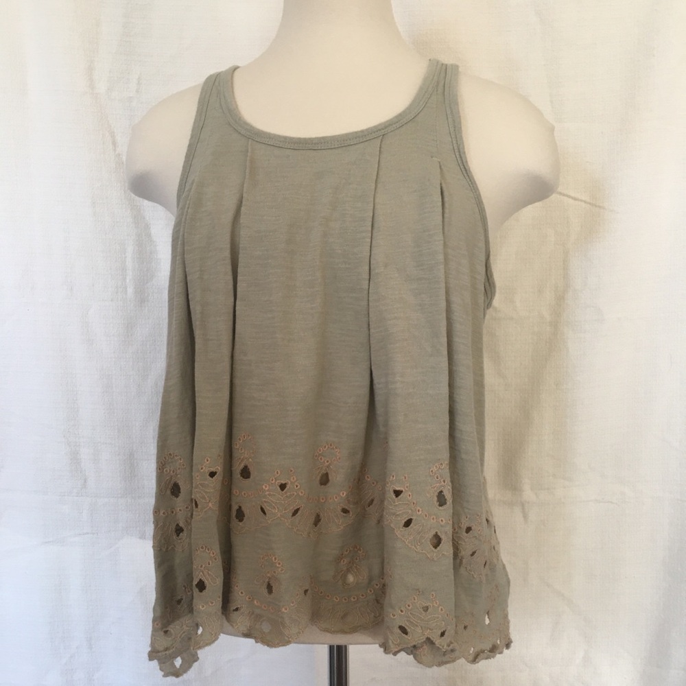 Free People - green/pink eyelet cut with flowy cut out back tank top - L